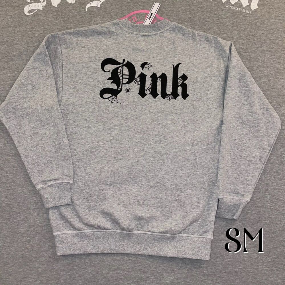 Victoria’s Secret PINK Gray Crewneck Black Spiderweb Halloween Logo Fleece SM